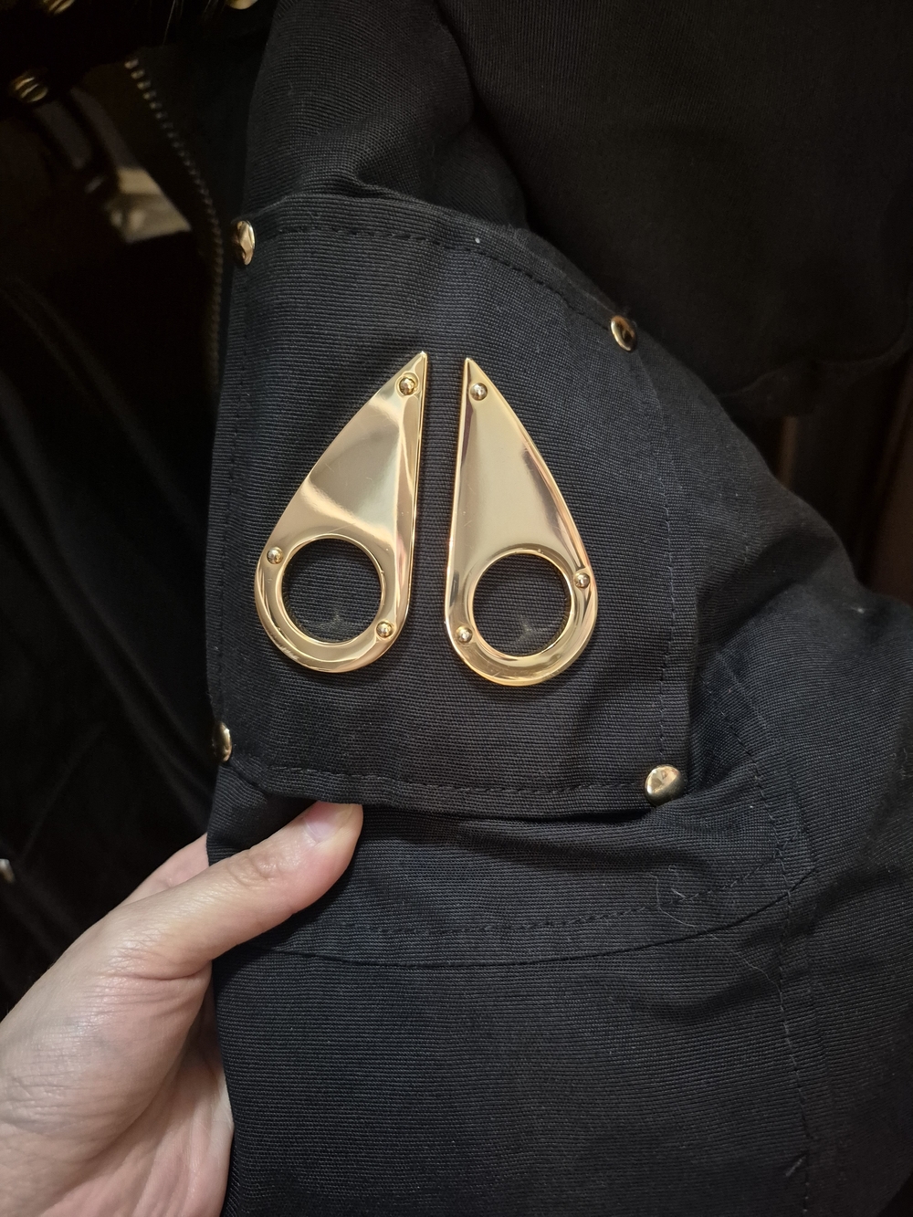 Moose Knuckles Black Jacket with Gold Lining and Embroidered Crest
